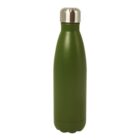 A green stainless steel water bottle with a silver cap. The bottle has a smooth, matte finish and a sleek, tapered design.