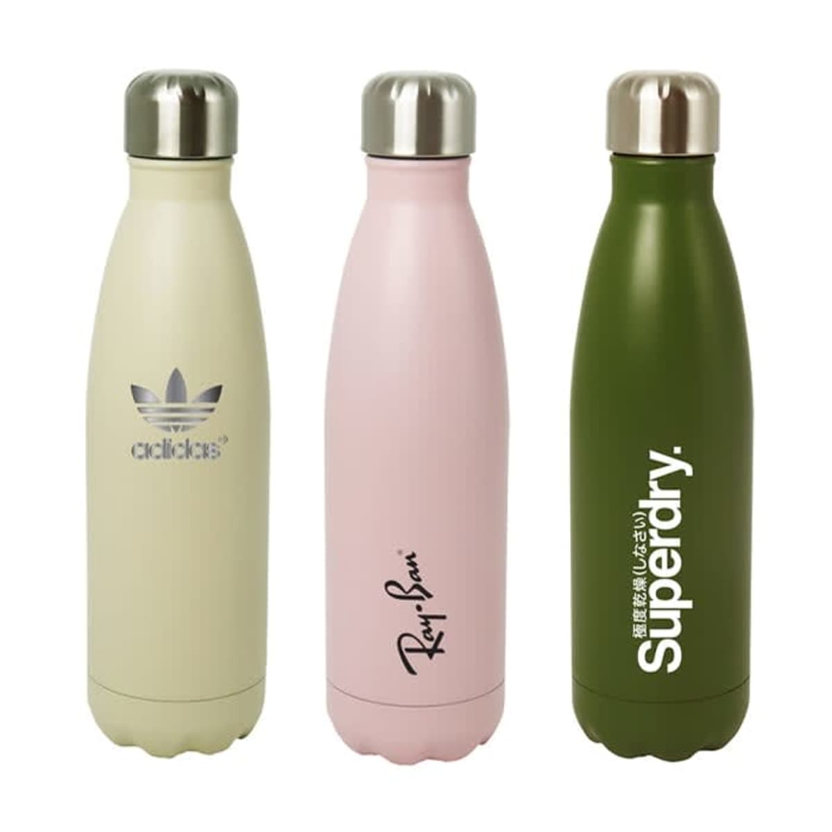 Three insulated stainless steel water bottles with metallic caps. The bottles are cream with a logo, pink with script text, and olive green with bold text, respectively, standing side by side against a white background.