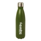 A green insulated water bottle with a stainless steel cap. The bottle features the Superdry logo in white along with some Japanese text. The design is sleek and modern.