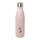 A pastel pink, stainless steel water bottle with a silver lid. The base is slightly indented, and theres a cursive logo in black near the bottom.