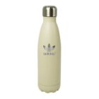 A beige insulated water bottle with a stainless steel cap. It features a logo in metallic silver near the top. The bottle has a sleek, smooth design, suitable for keeping beverages hot or cold.
