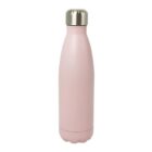 A pink, stainless steel water bottle with a silver screw-on lid. The bottle has a smooth, sleek design with a slightly tapered top and a rounded base. It is standing upright on a plain white background.