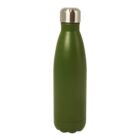 A green stainless steel water bottle with a silver screw-on lid, standing upright against a plain white background. The bottle has a smooth finish and a sleek, tapered design.