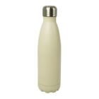 A light beige reusable stainless steel water bottle with a rounded, secure silver cap, standing upright on a white background.