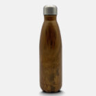 A stainless steel water bottle with a wood grain finish and a silver cap, standing upright on a plain white background.