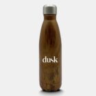 A stainless steel water bottle with a wood grain design. The word dusk is printed in white across the center. The cap is metallic silver, and the background is plain white.