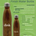Eco-friendly water bottle with a wooden finish, 500ml capacity, BPA-free, vacuum insulated for 25-hour chill and 12-hour heat retention. Comes gift-boxed and made from doubled-walled stainless steel. Brand name Dusk is visible.