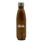 Brown insulated water bottle with a wood grain finish and a silver cap. The word dusk is printed in white on the side.