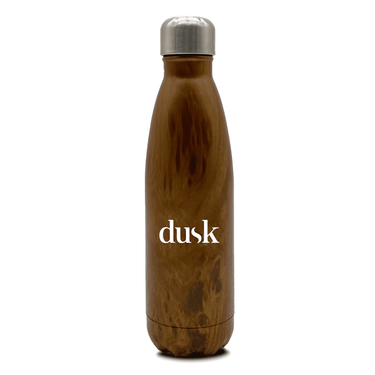 Brown insulated water bottle with a wood grain finish and a silver cap. The word dusk is printed in white on the side.
