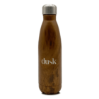 A wooden-textured insulated water bottle with a stainless steel cap. The word dusk is printed in white on the front.