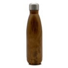 A stainless steel water bottle with a wood-grain pattern and a shiny metal cap. The bottle has a smooth, curvy shape and stands upright against a plain white background.