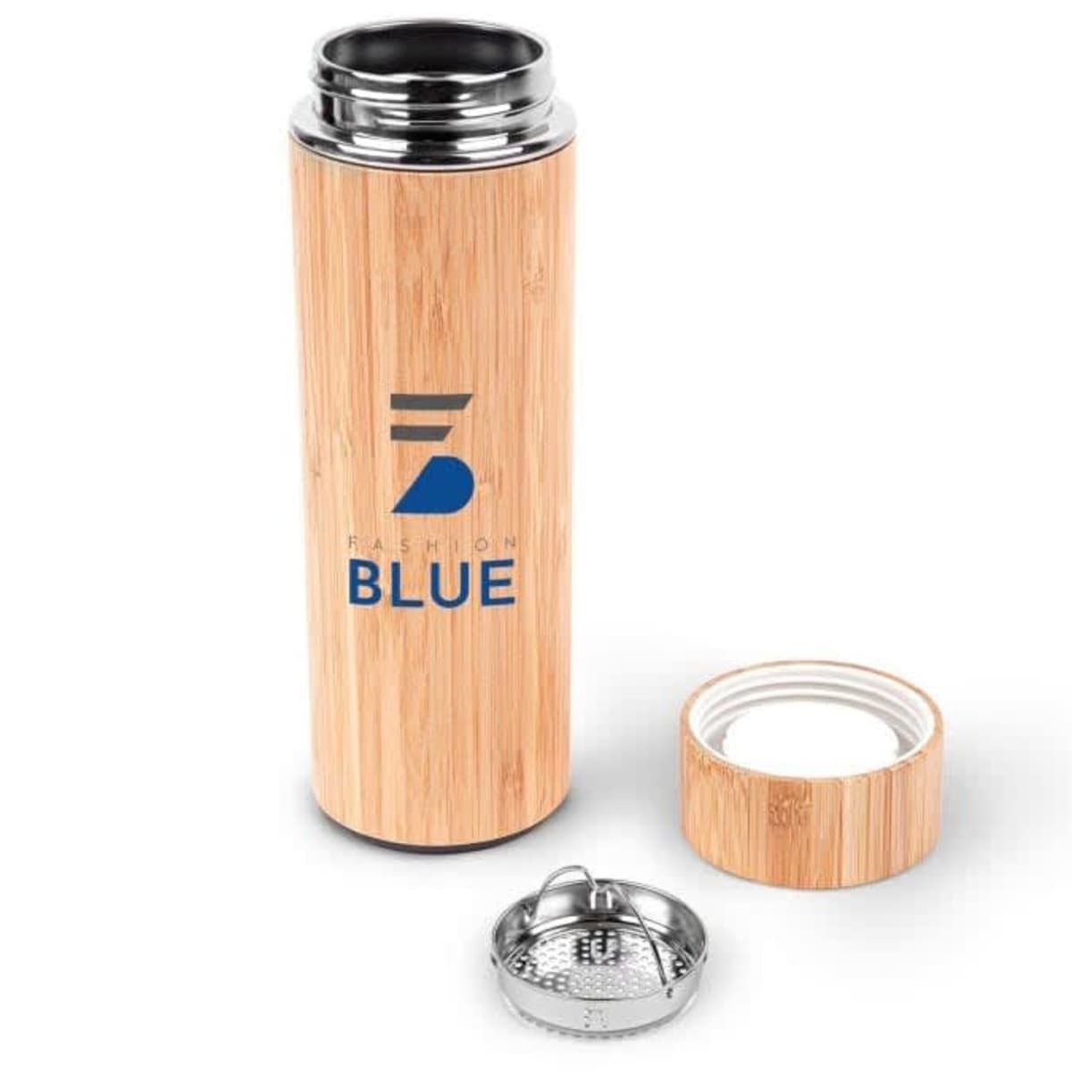 A bamboo travel mug with the logo Fashion Blue stands upright. The lid is set beside it, and a metal strainer cap is in the foreground. The mug has a stainless steel interior.
