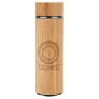 A bamboo travel mug with a lid, featuring a decorative circular pattern and the word OLIMPO engraved on its surface.