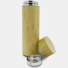 Bamboo insulated bottle with a removable stainless steel infuser and a screw-on lid. The infuser and lid are placed beside the upright bottle, all on a plain white background.