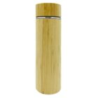 A tall, cylindrical bamboo travel mug with a smooth, natural wood finish and a silver trim separating the lid from the body.