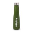 Green insulated water bottle with a tapered shape, featuring a silver cap. The bottle has Superdry written in white, along with smaller text in Japanese characters.