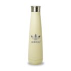 A beige, insulated water bottle with a stainless steel cap. The bottle features a silver logo on the front, shaped like a trefoil with text beneath it.