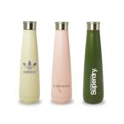 Three slender, insulated water bottles with silver lids. The bottles are colored light yellow with a leaf logo, pink with the text Chandon, and olive green with the text Supery in vertical white letters.