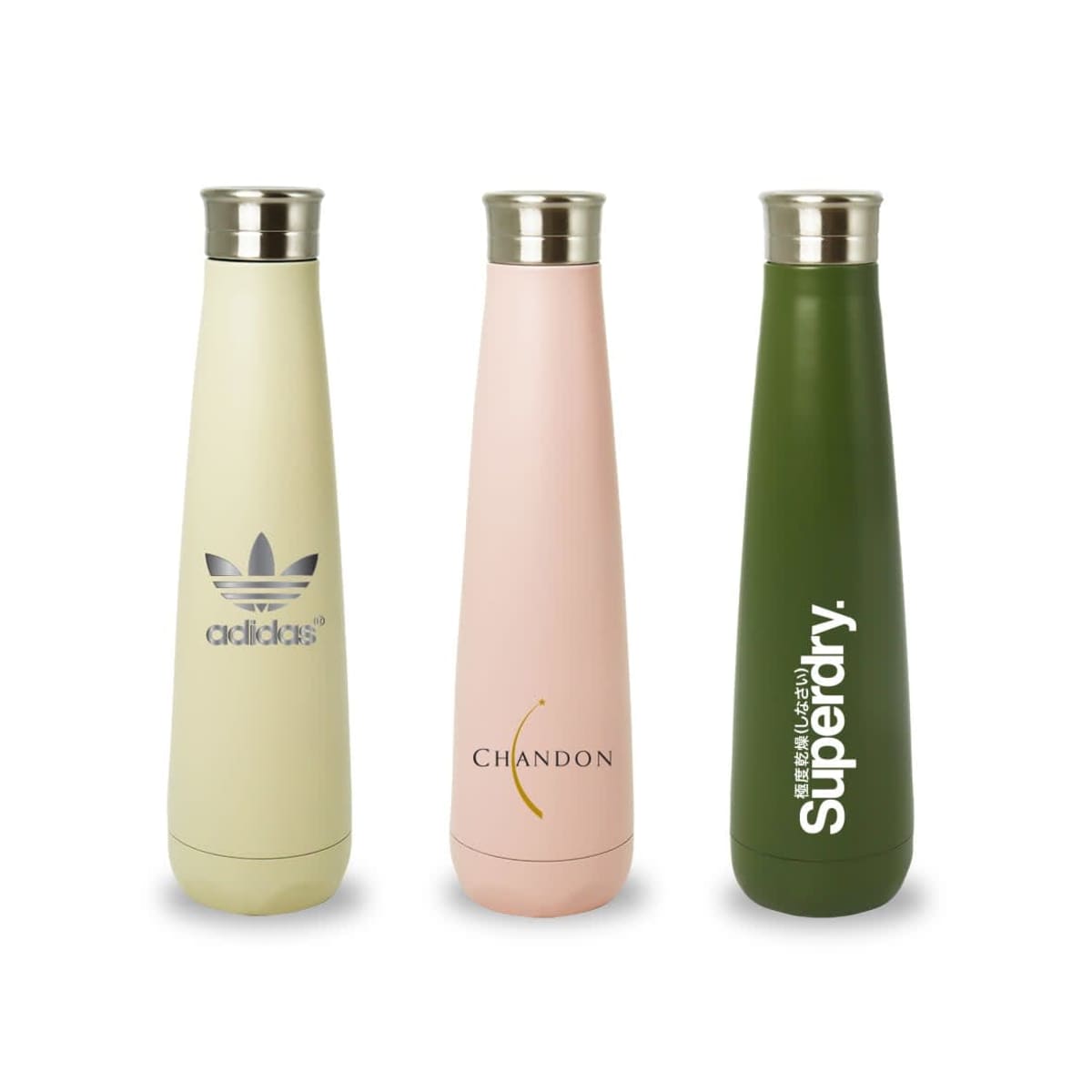 Three slender, insulated water bottles with silver lids. The bottles are colored light yellow with a leaf logo, pink with the text Chandon, and olive green with the text Supery in vertical white letters.