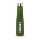 A tall, olive green, stainless steel water bottle with a silver cap. It features the word Superdry in white alongside some Japanese characters, vertically aligned on the side.
