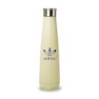 A beige, stainless steel water bottle with a sleek, tapered design. It features a silver logo and screw-on lid.