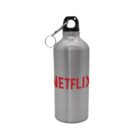 Silver aluminum water bottle with a black cap and a metal carabiner attached. The word NETFLIX is printed in large red letters along its side.
