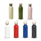 A collection of seven cylindrical water bottles with wooden caps. The colors, from left to right, are light green, dark green, light pink, white, red, blue, and black. Each has a silver band below the cap.