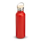 Red stainless steel water bottle with a wooden cap and a metal handle, standing upright against a plain white background.