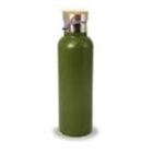 A green stainless steel water bottle with a bamboo lid. The bottle has a sleek cylindrical shape and is standing upright against a plain white background.