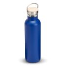 Blue stainless steel water bottle with a wooden-top lid and metal handle, positioned upright against a plain white background.