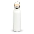 A white stainless steel water bottle with a wooden screw-on lid and a metal carrying handle, standing upright on a plain background.
