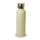 A beige stainless steel water bottle with a silver metal top and a wooden accent. The lid has a metal loop handle. The bottle stands upright on a white background.