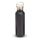 A black water bottle with a smooth, matte finish and a silver metal lid featuring a wooden accent and metal handle, standing on a plain white background.