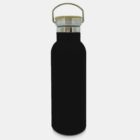 A black insulated water bottle with a stainless steel and bamboo lid, featuring a metal handle on top, displayed against a plain white background.