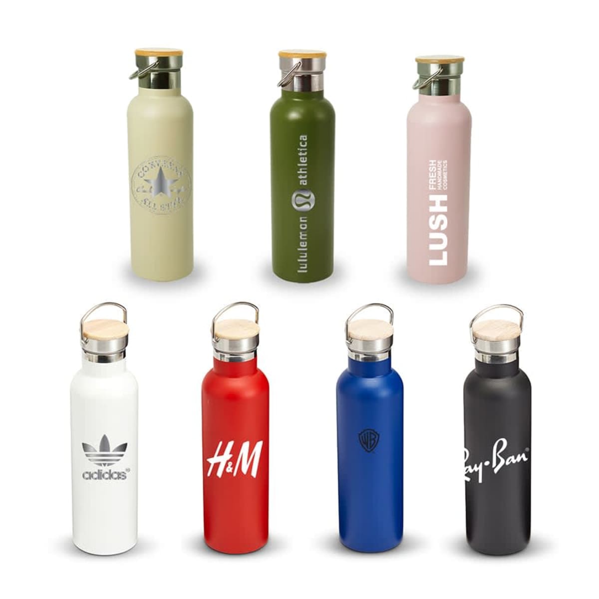 Seven reusable water bottles with natural lids arranged in two rows. Each bottle features a different brand logo in white: Converse, Lululemon, Lush, Adidas, H&M, Warner Bros, and Ray-Ban. Bottles are in various colors like green, pink, red, blue, and black.