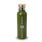 A green stainless steel water bottle with a wood-topped metal lid and a carrying handle. The bottle features the Lululemon Athletica logo and text in white.