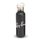 Black water bottle with a wooden cap and metal handle, featuring the white text Ray-Ban on its side.