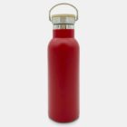 A red insulated water bottle with a silver metal cap and a wooden handle, set against a plain white background.