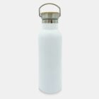A white stainless steel water bottle with a wooden lid and a metal handle, set against a plain white background.