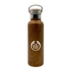 A reusable, wood-textured water bottle with a metallic cap and handle. The Body Shop logo is prominently displayed on the front.