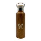 A brown metal water bottle with a wooden texture and The Body Shop logo in white on its side. It has a silver cap with a handle on top.