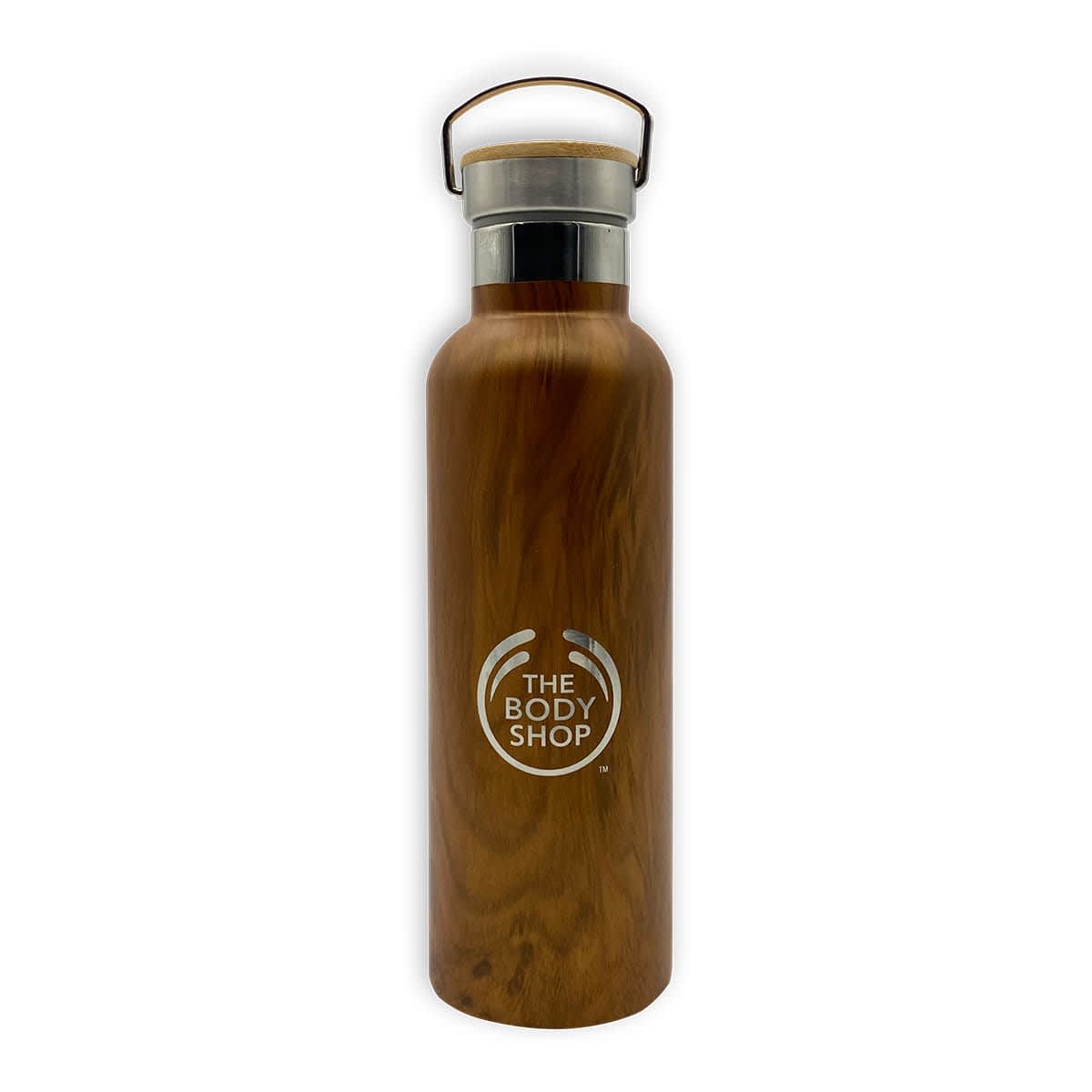 A brown metal water bottle with a wooden texture and The Body Shop logo in white on its side. It has a silver cap with a handle on top.