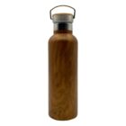 A brown stainless steel water bottle with a wooden texture finish and a silver cap with a bamboo top and metal handle. The bottle stands upright against a plain white background.