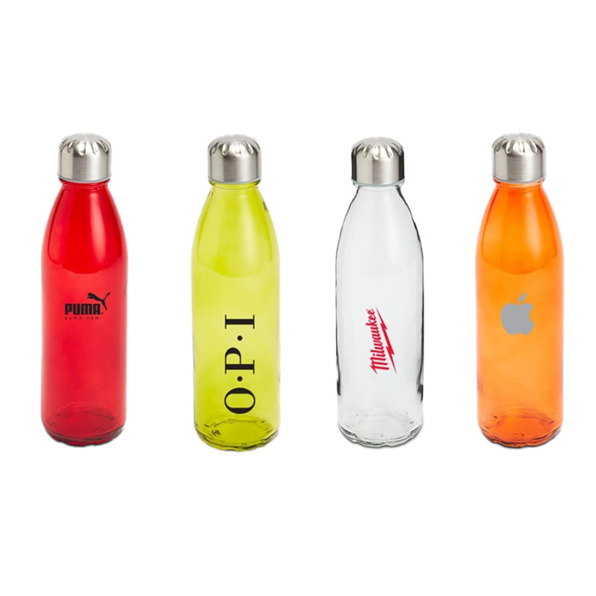 Four colorful water bottles with silver caps are shown in a row. From left to right: a red bottle with a black logo, a yellow bottle with black letters, a clear bottle with a red logo, and an orange bottle with a gray logo.