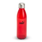 A red re-usable water bottle with a silver screw-on cap featuring the Puma logo in black.