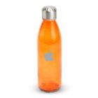 Orange reusable water bottle with a silver screw-on lid and an Apple logo in the center.