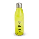 A clear yellow reusable water bottle with O•P•I printed vertically in black on the front. It has a silver metal cap and a simple, streamlined design. The bottle is standing upright against a plain white background.