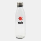 A transparent water bottle with a silver cap featuring a red star logo and the text nab in black. The background is plain white.