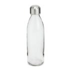 A clear glass bottle with a shiny, metallic screw-on cap. The bottle is standing upright against a plain white background.