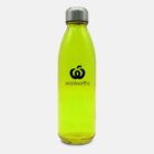 A lime green reusable bottle with a silver cap, featuring the Woolworths logo on the front. The bottle is standing upright against a plain white background.